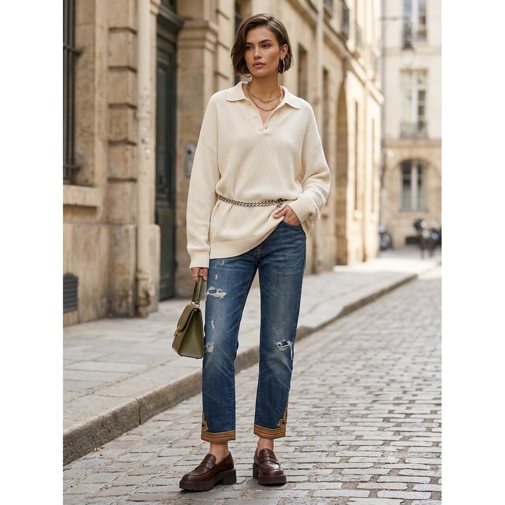Polo Ralph Lauren Distressed Ankle Jeans with Metallic Gold Military Braid Cuff